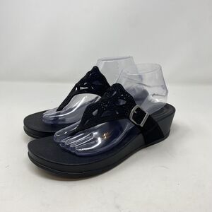 Aetrex Sandals Womens Size 10 Black Tasha Thong Wedge Glitter Comfort Wide